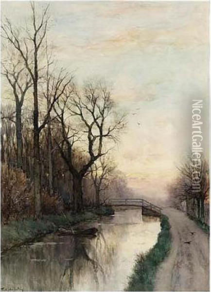 A Polder Landscape At Dusk Oil Painting - Fredericus Jacobus Van Rossum Du Chattel