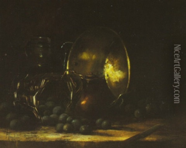 Still Life Of Plums, Copper And Brass Cookware, Jug, And A Knife Oil Painting - Louis Abel-Truchet