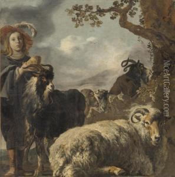 Shepherd Boy With Sheep And Goats Oil Painting - Jan Baptist Weenix