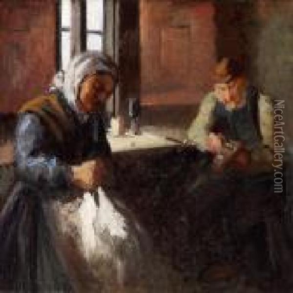 Interior With An Old Couple Sewing And Repairing Shoes Oil Painting - Michael Ancher