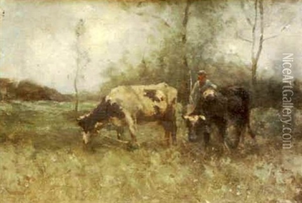 Cattle With Figure In Pasture Oil Painting - Robert D. Pasquoll