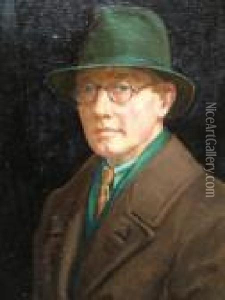 Self Portrait, Bust Length Wearing A Green Trilby Hat Oil Painting - Edward Mossforth Neatby