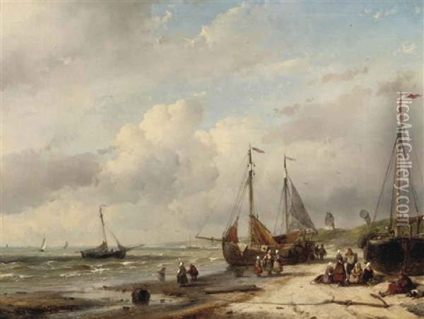 Fisherfolk And Bomschuiten On The Dutch Coast Oil Painting - Andreas Schelfhout