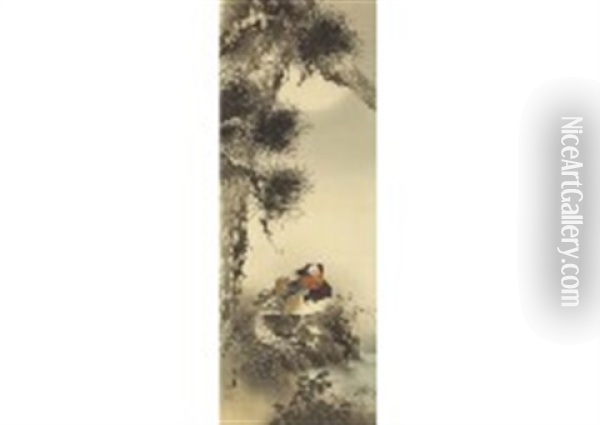 Pine Tree Moon Mandarin Duck Oil Painting - Keinen Imao