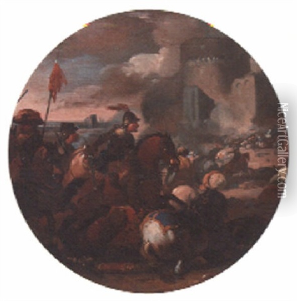 A Cavalry Battle Near A Castle Oil Painting - Jan van Huchtenburg