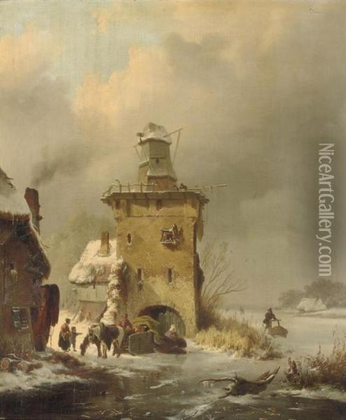 A Winter Landscape With People On A Frozen Waterway Near A Ruinous Mill Oil Painting - Frederik Marianus Kruseman