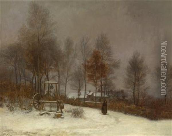 Winter Scene Set In The Woods At Fontainebleau Oil Painting - Edouard Frere