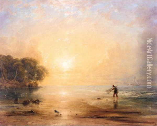 A Fisherboy On The Shore At Sunset Oil Painting - Anthony Vandyke Copley Fielding