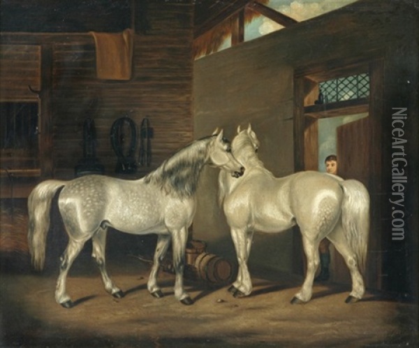 Two Greys In A Stable Oil Painting - Edwin (of Bath) Loder