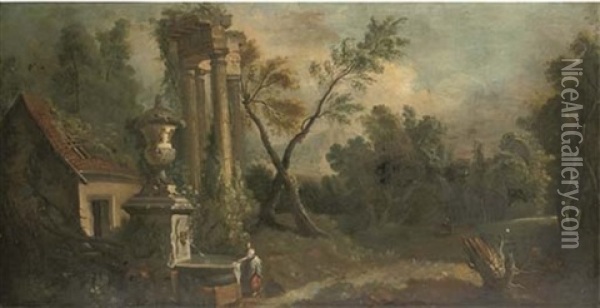 A Wooded Landscape With A Woman Washing At A Fountain, By A Ruined Temple Oil Painting - Nicolas-Jacques Juliard