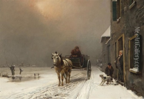 Untitled (horse Drawn Carriage In Snow) Oil Painting - Theodore Levigne