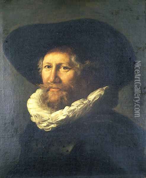 Portrait of a gentleman, in a black hat and jacket with a white ruff collar Oil Painting - Abraham de Vries