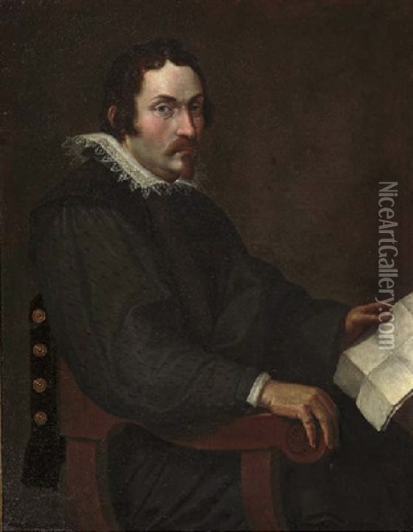 Portrait Of A Gentleman Seated, In A Black Costume With A Lace Collar And Cuffs, A Document In His Left Hand Oil Painting - Bartolomeo Passarotti