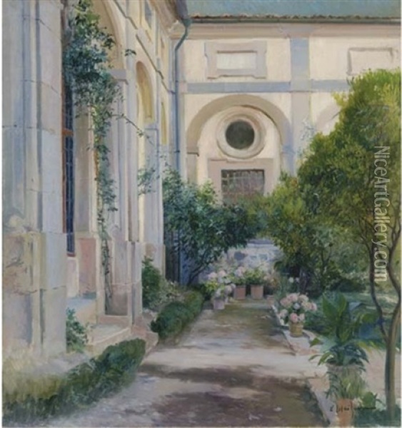 El Patio (the Courtyard In The House Of The Artist) Oil Painting - Eliseo Meifren y Roig