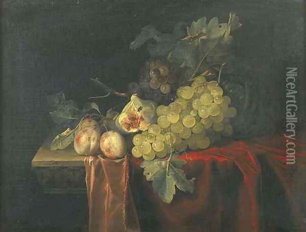Grapes, plums, figs and a melon, on a partly draped stone ledge Oil Painting - Willem Van Aelst