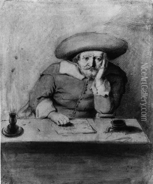 A Pondering Man In A Hat At A Candle-lit Table Oil Painting - Jan Lievens