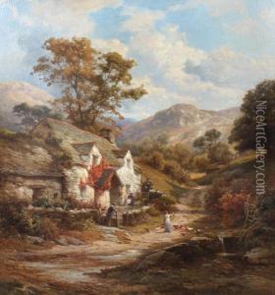 Stone Cottage In A Hilly Landscape, With Figures Before On A Country Track Oil Painting - Edward Henry Holder