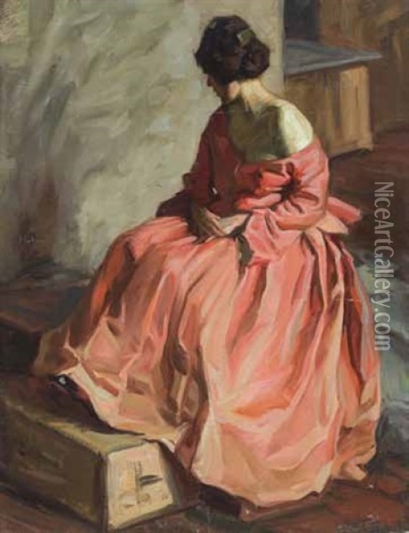 Madchen In Rotem Kleid Oil Painting - Hugo von Habermann the Elder