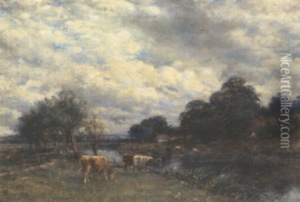 Cattle Grazing In A River Landscape Oil Painting - Mark William Fisher