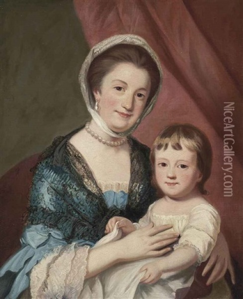 Portrait Of A Lady, Half-length, Seated, Wearing A Blue Dress With A Black Shawl And Pearls, Holding A Child, Seated Before A Red Curtain Oil Painting - Katherine Read