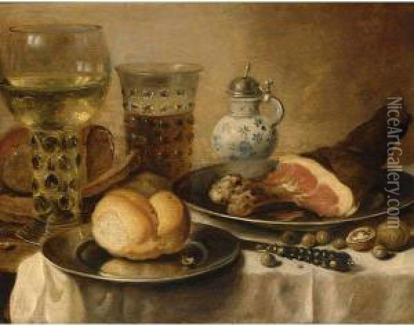 A Still Life Of A Roemer, A Beer
 Glass, A Ham And A Bread Roll On Pewter Plates, A Stoneware Jug And A 
Knife Together With Walnuts And Hazelnuts, All On A Table Draped With A 
White Cloth Oil Painting - Pieter Claesz.