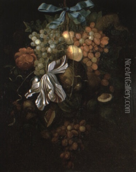 Swag Of Flowers And Fruit Hanging On A Nail Oil Painting - Cornelis De Heem