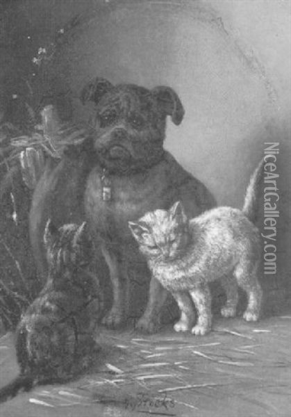 Sitzender Hund Mit Zwei Katzen Oil Painting - Minna Stocks