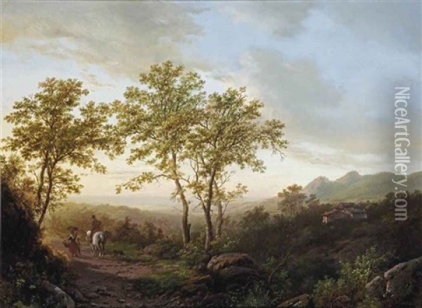 An Italianate Landscape With Travelers On A Sandy Path At Sunset Oil Painting - Willem Bodemann