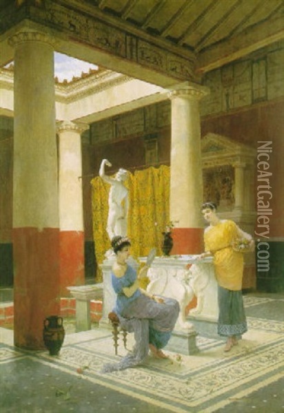Maidens In A Classical Interior Oil Painting - Luigi Bazzani