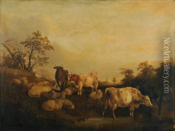 Cattle And Sheep At A Country Pool Oil Painting - Balthasar Paul Ommeganck
