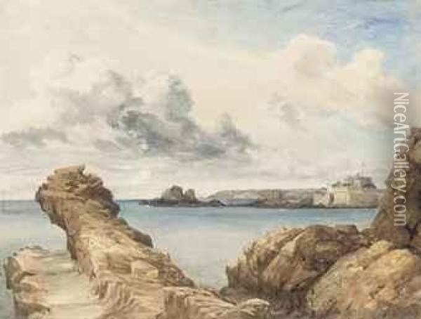 Elizabeth Castle From The Rocks, And Two Rocky Costal Scenes Oil Painting - James Bridges