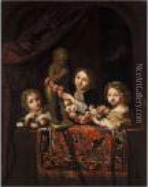 Three Children Playing With Garlands Oil Painting - Caspar Netscher