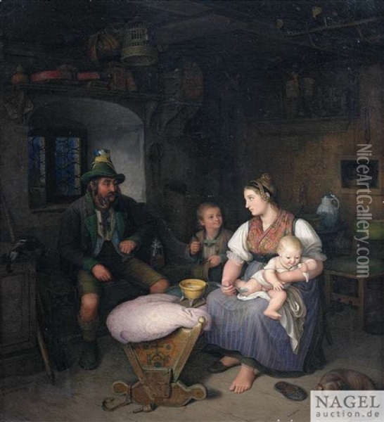 Bauernfamilie In Der Stube Oil Painting - Kaspar Kaltenmoser
