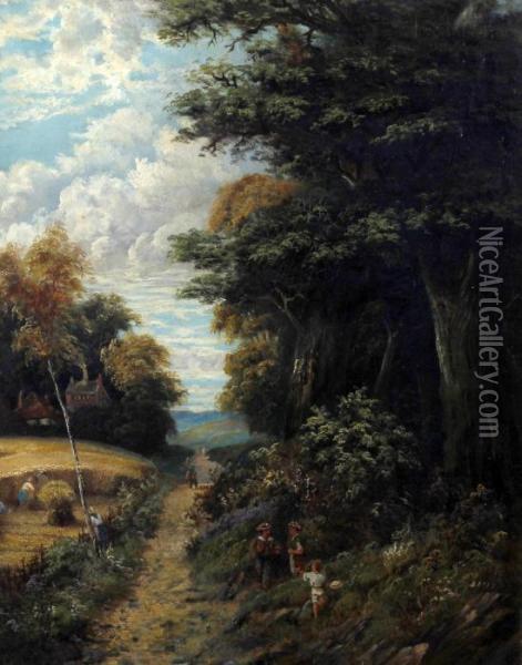 Harvest Landscape With Figures On A Path By Woodland Oil Painting - Walter Williams