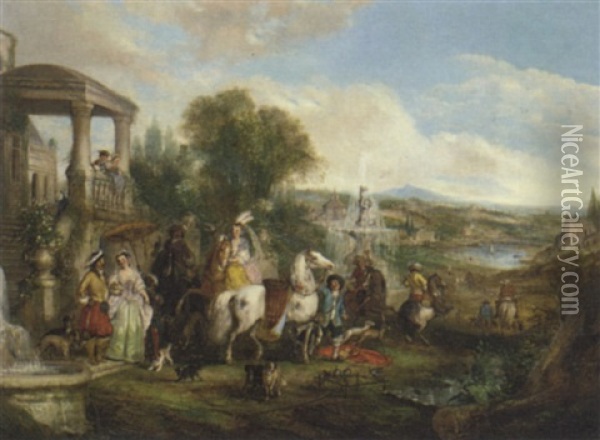 An Elegant Hunting Party Before A Villa, An Extensive Landscape Beyond Oil Painting - Henry Andrews