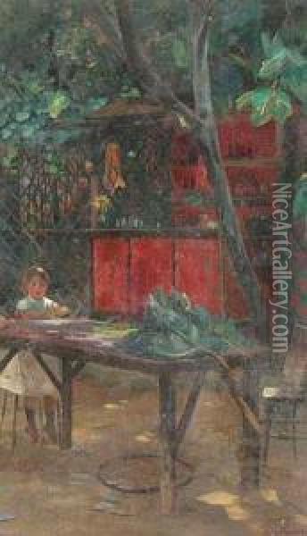 Nina Sentada En El Jardin. Oil Painting - Mateo Balasch Mateu