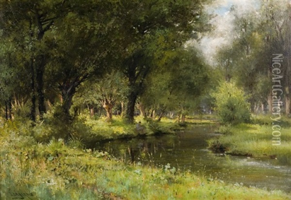 Vue Sur Le Bois Et Pecheur En Bordure De Riviere Oil Painting - Henri Langerock