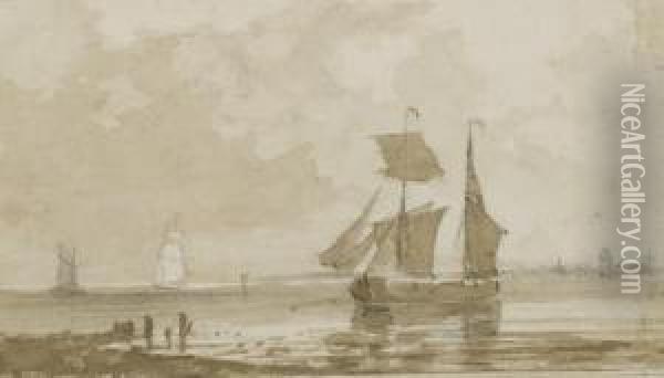 Des Voiliers En Mer (recto); Un Bateau A Deux Mats(verso) Oil Painting - Johannes Christian Schotel