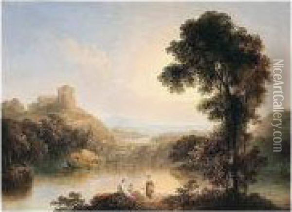 Italianate Landscape With Figures By A Lake Oil Painting - Agostino Aglio