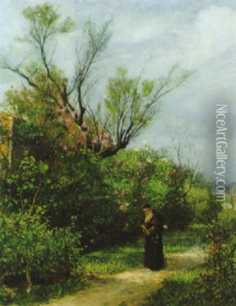 Lesender Monch Im Bluhenden Klostergarten Oil Painting - Hugo Charlemont
