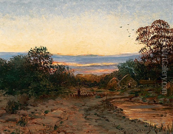 Heimkehrende Schafherde In Abendlicher Landschaft Oil Painting - Mark Rubovics