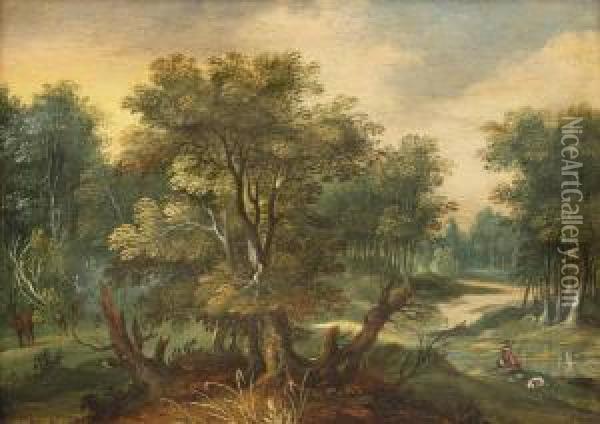 A Wooded Landscape With A Fisherman By A Stream Oil Painting - Isaak van Oosten