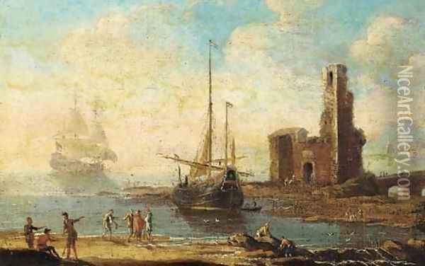 A Mediterranean coastal inlet with shipping and figures on the shore, a tower with a bridge beyond Oil Painting - Agostino Tassi