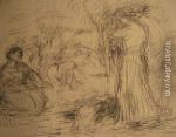Les Laveuses, 1re Pensee. Vers 1900. Oil Painting - Pierre Auguste Renoir