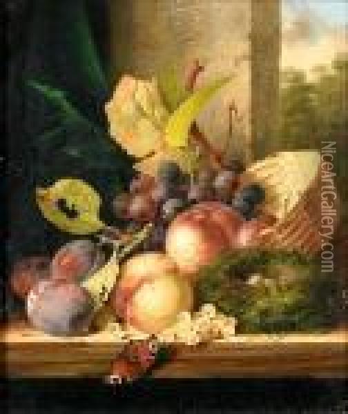 Still Life Of Fruit, A Bird's Nest And A Butterfly On A Ledge, A Landscape Beyond Oil Painting - Edward Ladell