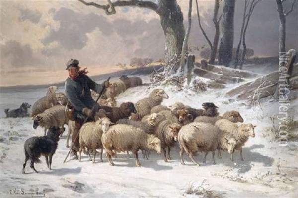 Schafhirte Und Herde In Winterlicher Landschaft Oil Painting - Cornelis van Leemputten