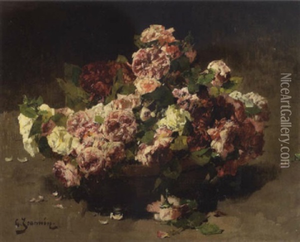 A Still Life With Roses In A Clay Pot Oil Painting - Georges Jeannin