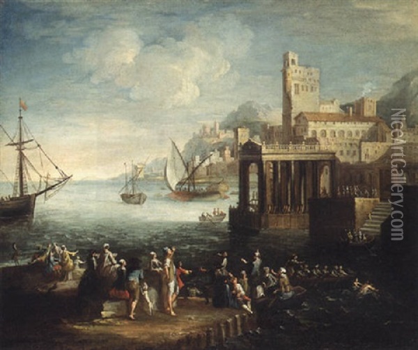A Capriccio Of A Mediterranean Port With Figures On A Quay, Shipping Beyond Oil Painting - Adriaen Van Der Cabel