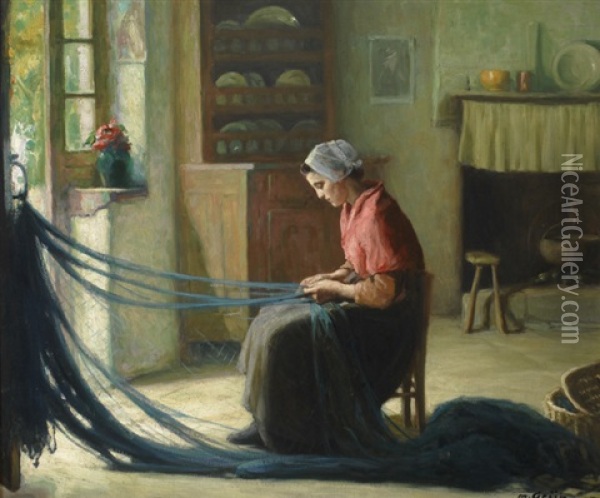 Mending The Nets Oil Painting - Maurice Grun