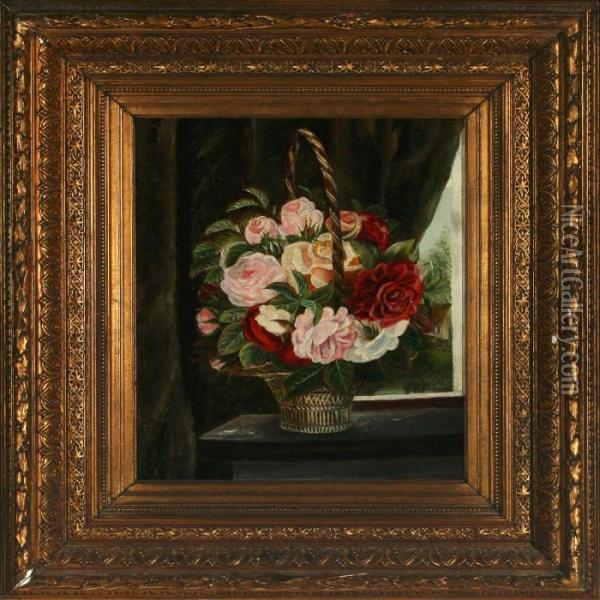 Still Life With Roses In A Basket Oil Painting - Emmy Marie Caroline Thornam